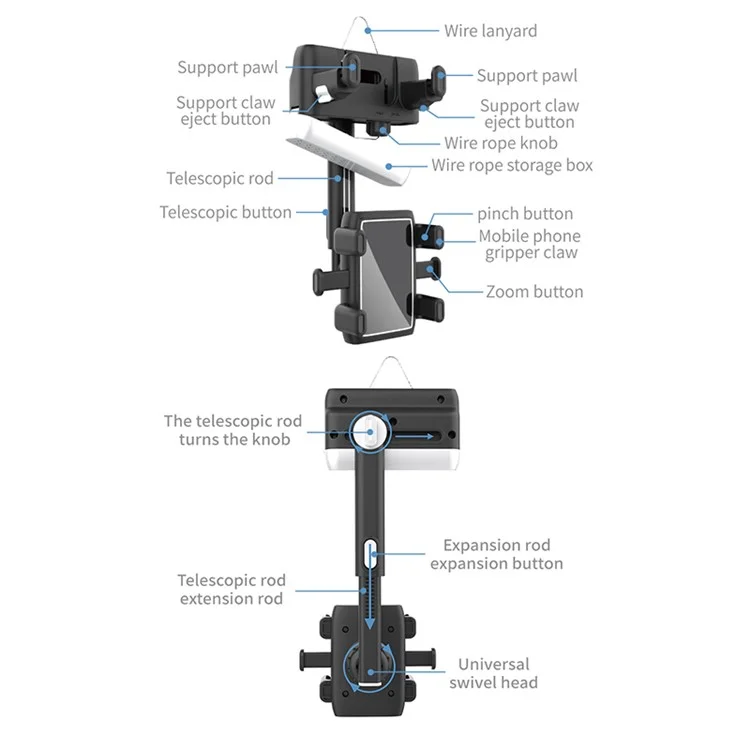 H23-8 Rearview Mirror Phone Holder Rotatable and Retractable Phone Mount for Car