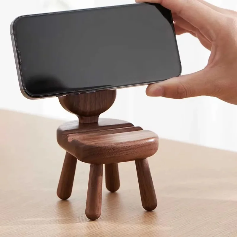 SJJ-HHTM-1 Chair-Shaped Creative Phone Holder for iPhone 16 / 16 Plus / 16 Pro / 16 Pro Max Walnut Solid Wood Tablet Mobile Phone Stand