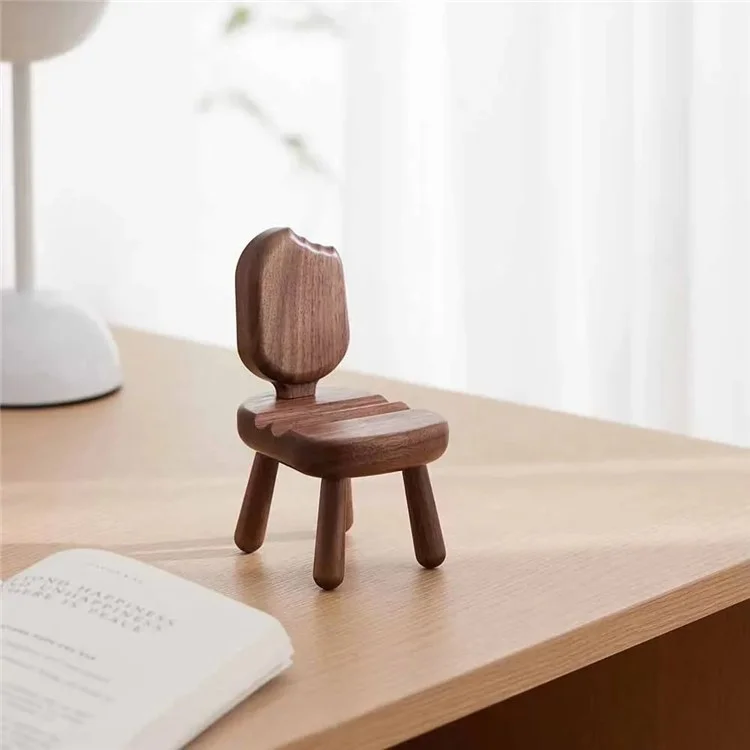 SJJ-HHTM-1 Chair-Shaped Creative Phone Holder for iPhone 16 / 16 Plus / 16 Pro / 16 Pro Max Walnut Solid Wood Tablet Mobile Phone Stand