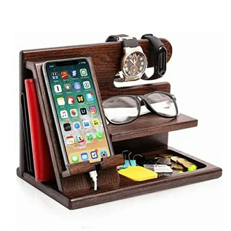 23335 Office Home Desktop Wooden Phone Charging Stand Glasses Watch Sundries Storage Rack - Walnut Color