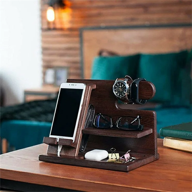 23335 Office Home Desktop Wooden Phone Charging Stand Glasses Watch Sundries Storage Rack - Walnut Color