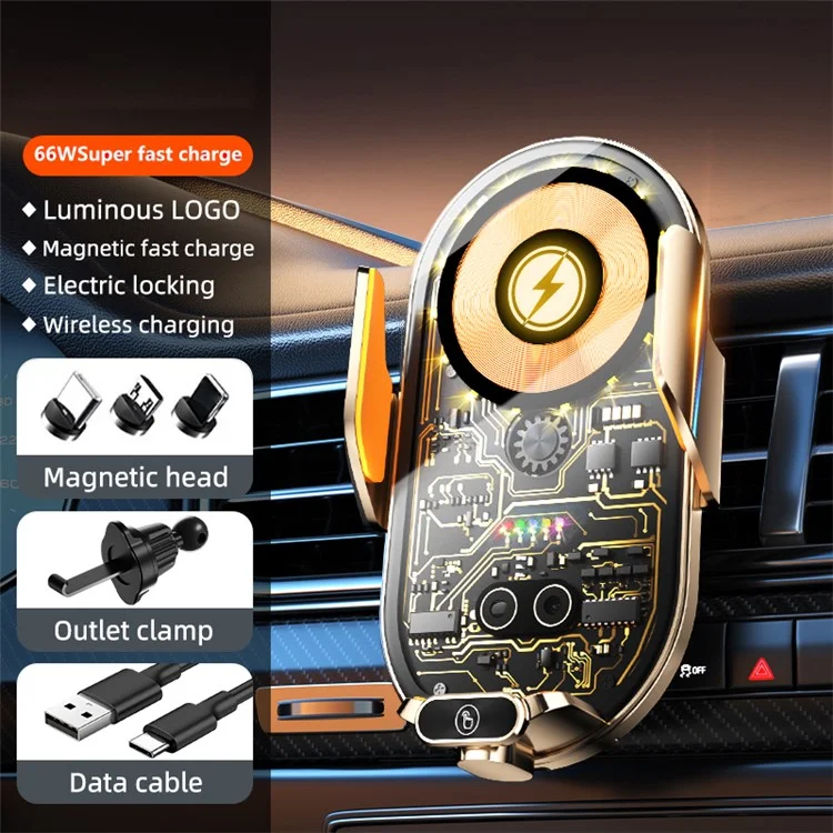 C23 Car Air Vent Phone Holder Wireless Charger 66W Phone Charging Bracket with 3 Magnetic Plugs - Gold