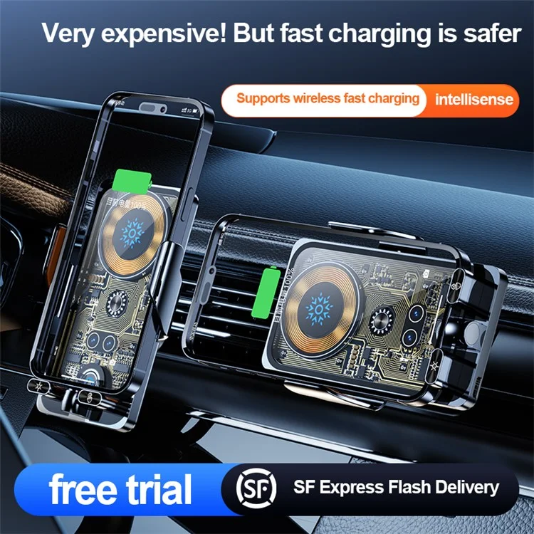 F18 Car Wireless Charger Infrared Sensor Aluminum Alloy+PC Phone Charging Bracket with 2 Magnetic Plugs - Trasparente Nero