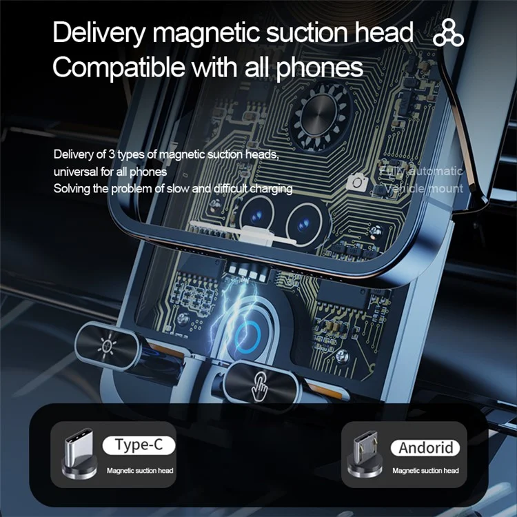 F18 Car Wireless Charger Infrared Sensor Aluminum Alloy+PC Phone Charging Bracket with 2 Magnetic Plugs - Trasparente Nero