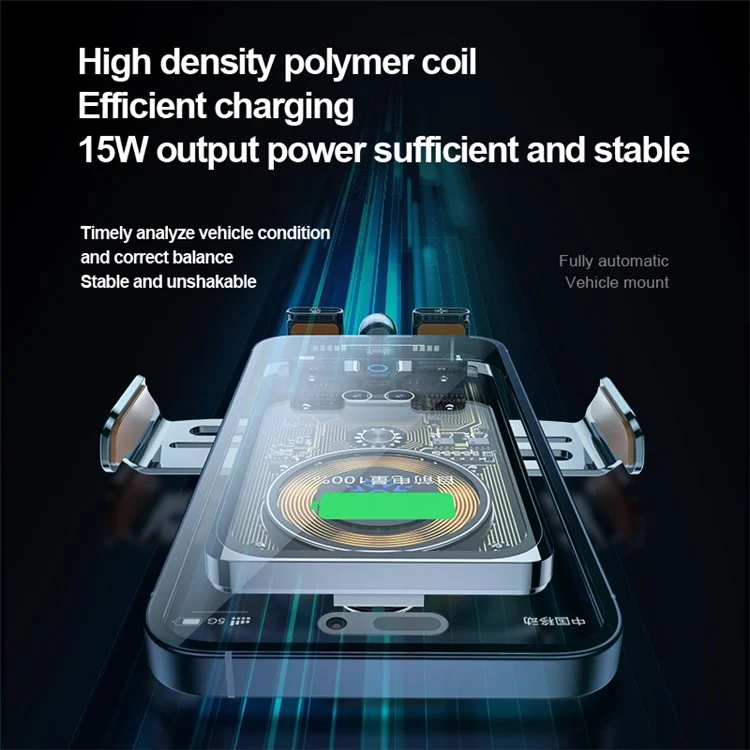 F18 Car Wireless Charger Infrared Sensor Aluminum Alloy+PC Phone Charging Bracket with 2 Magnetic Plugs - Trasparente Nero