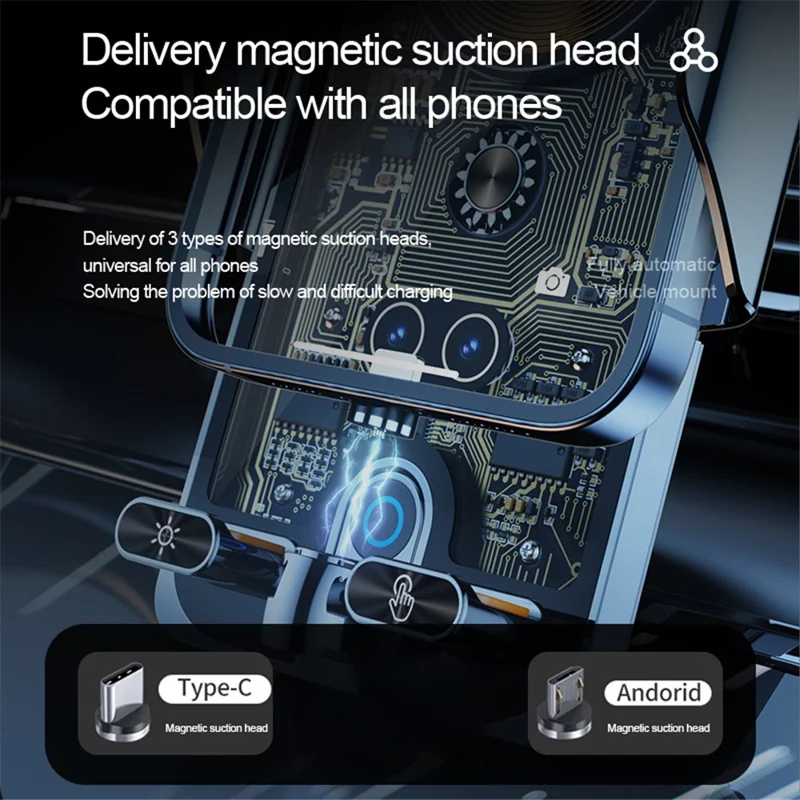 F18 Car Wireless Charger Infrared Sensor Aluminum Alloy+PC Phone Charging Bracket with 2 Magnetic Plugs - Black