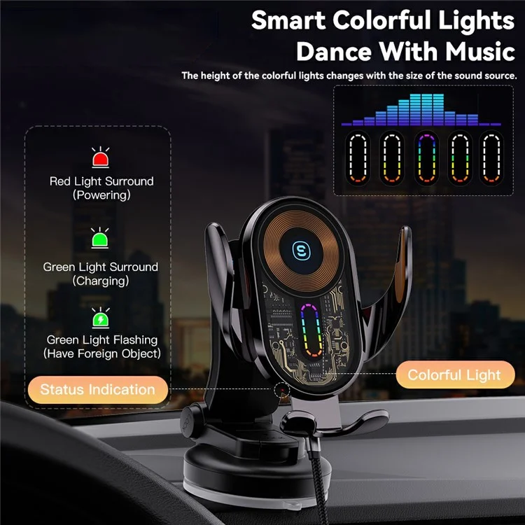 ESSAGER Music Pickup Lighting Car Phone Holder Wireless Ladegerät mit Hook+Saugnapf Boden
