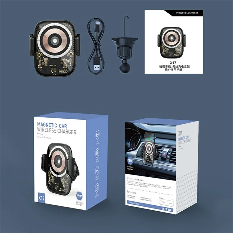X17 Car Air Outlet Mount Phone Holder Tempered Glass Panel Magnetic 15W Wireless Charger