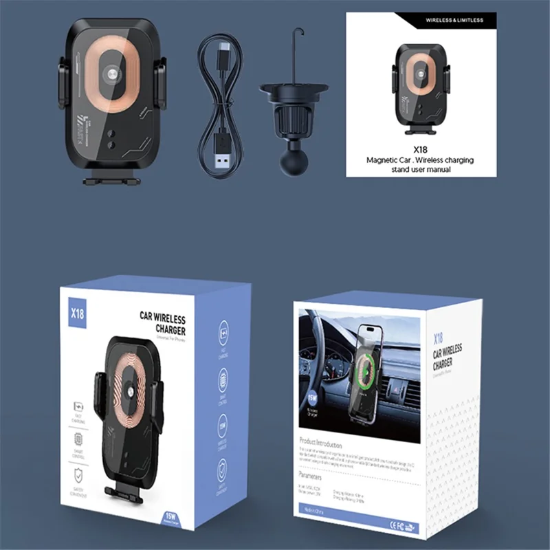X18 15W Car Wireless Charger Automatic Induction Vehicle Air Vent Phone Charging Bracket