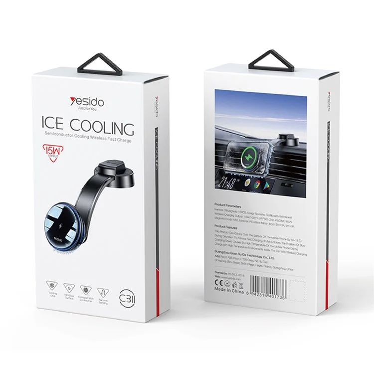 YESIDO C311 Semiconductor Cooling Magnetic Wireless Charger Car Dashboard Phone Charging Bracket