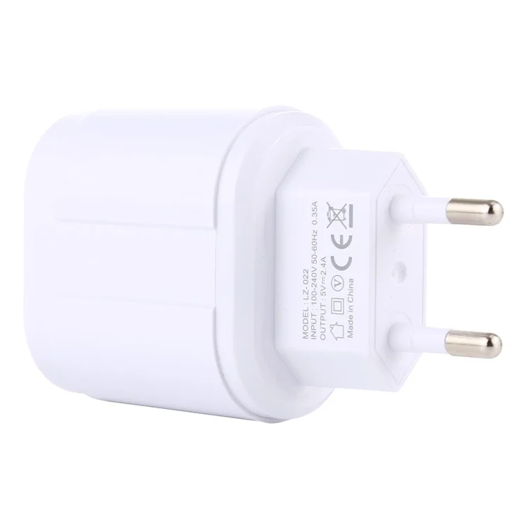 LZ-022 5V 2.4A Dual USB Ports Wall Charger Travel Power Adapter for iOS Android - White