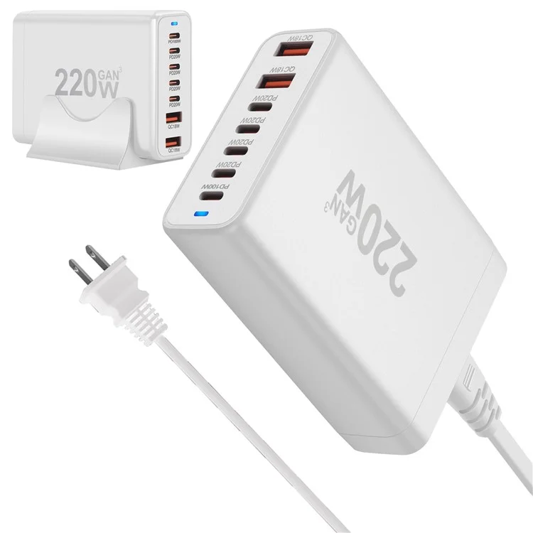 Chargeur de bureau portable haute puissance 220W à chargement rapide avec 5 ports Type-C et 2 ports USB - Prise US / Blanc