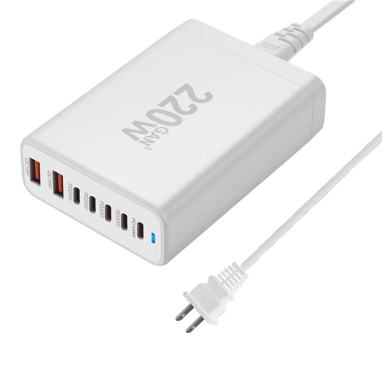 Chargeur de bureau portable haute puissance 220W à chargement rapide avec 5 ports Type-C et 2 ports USB - Prise US / Blanc