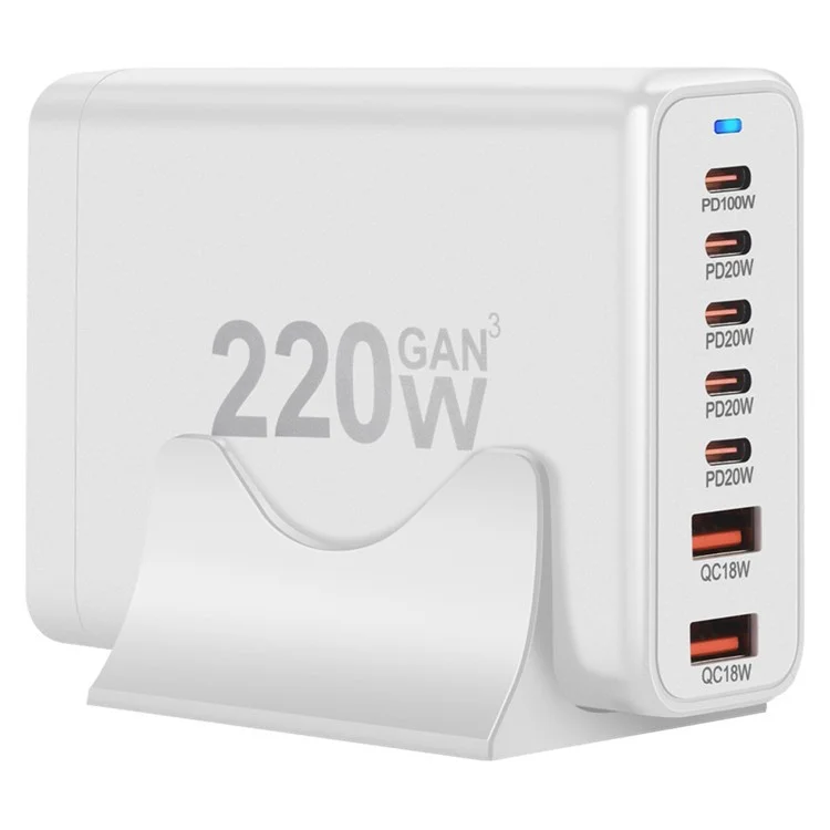 Chargeur de bureau portable haute puissance 220W à chargement rapide avec 5 ports Type-C et 2 ports USB - Prise US / Blanc