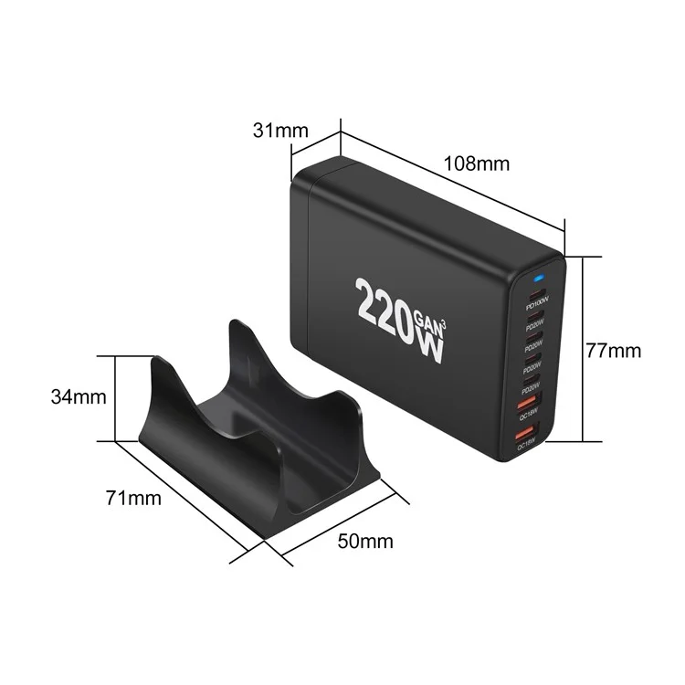 Chargeur de bureau portable haute puissance 220W à chargement rapide avec 5 ports Type-C et 2 ports USB - Prise US / Blanc