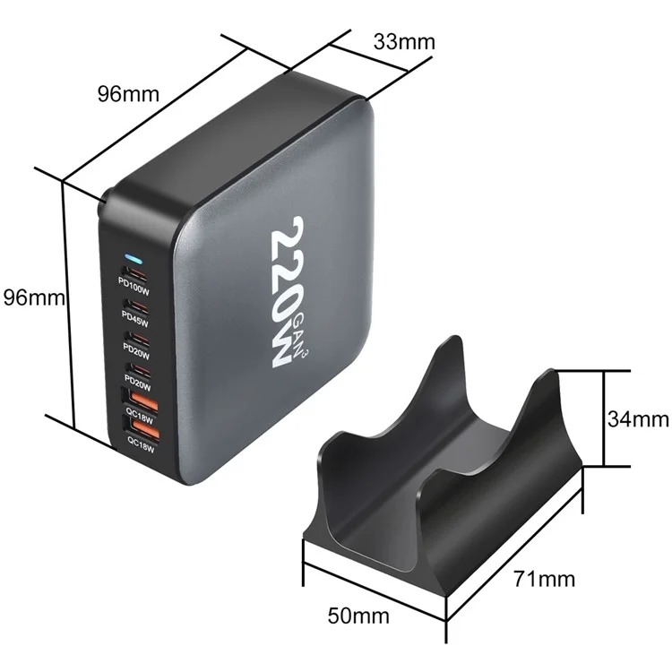 YMS-666 220W 4 Type-C + 2 USB Chargeur de bureau haute puissance à charge rapide GaN - Prise AU