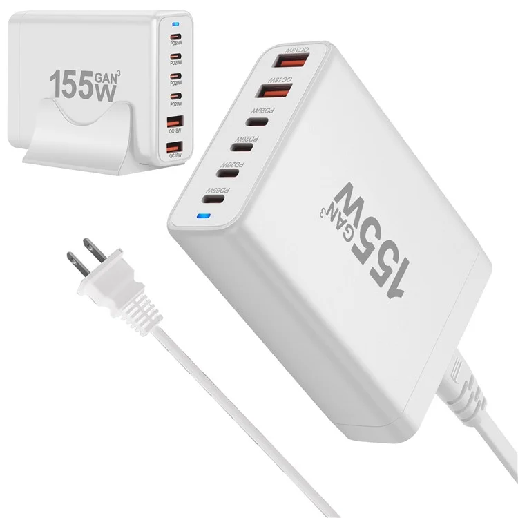 Chargeur de bureau portable 155W Gan à 4 ports type-C + 2 USB - Plug US / Blanc
