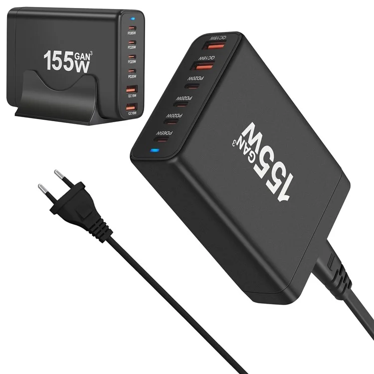 155W High Power Fast Charging 4 Type-C + 2 USB Portable GaN Desktop Charger - EU Plug / Black