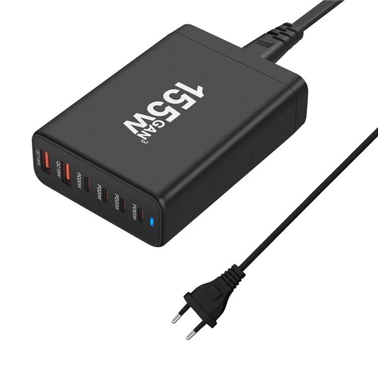 155W High Power Fast Charging 4 Type-C + 2 USB Portable GaN Desktop Charger - EU Plug / Black