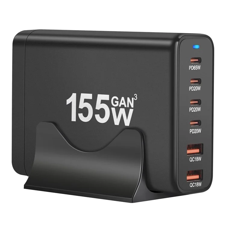 155W High Power Fast Charging 4 Type-C + 2 USB Portable GaN Desktop Charger - EU Plug / Black
