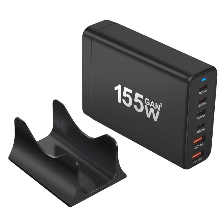 155W High Power Fast Charging 4 Type-C + 2 USB Portable GaN Desktop Charger - EU Plug / Black