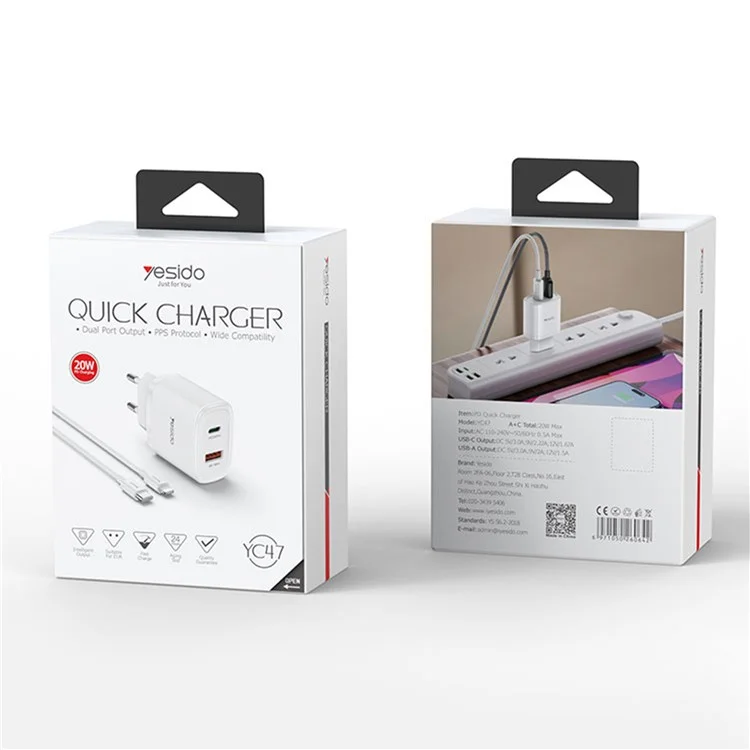 YESIDO YC47 20W EU Plug USB+Type-C Charging Adapter Wall Charger with Type-C to iP Cable - White