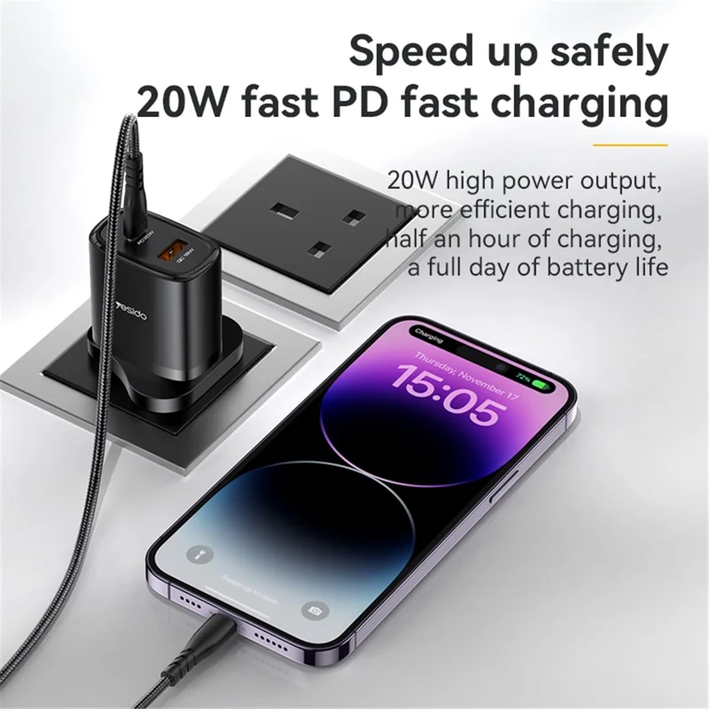 YESIDO YC49 Caricabatterie a Parete per UK Spina 20W USB+Type-C Adattatore di Carica con Cavo Type-C