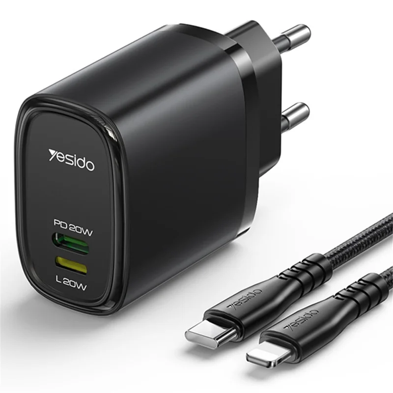 YESIDO YC44 PD 20 Вт быстрая зарядка USB+8-контактный адаптер с вилкой ЕС для поездок, зарядное устройство с кабелем 1 м - черный