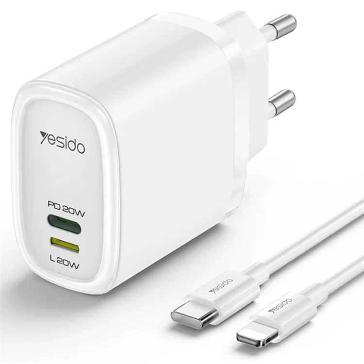 YESIDO YC44 PD 20W Fast Charging USB+8-Pin Adapter EU Plug Travel Charger con Cavo da 1m - Bianco