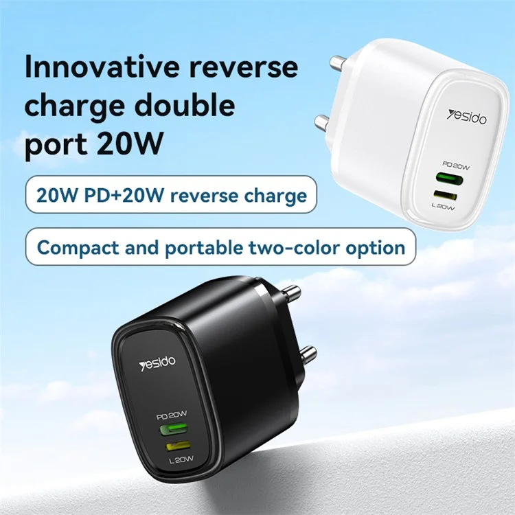 YESIDO YC44 PD 20W Fast Charging USB+8-Pin Adapter EU Plug Travel Charger con Cavo da 1m - Bianco