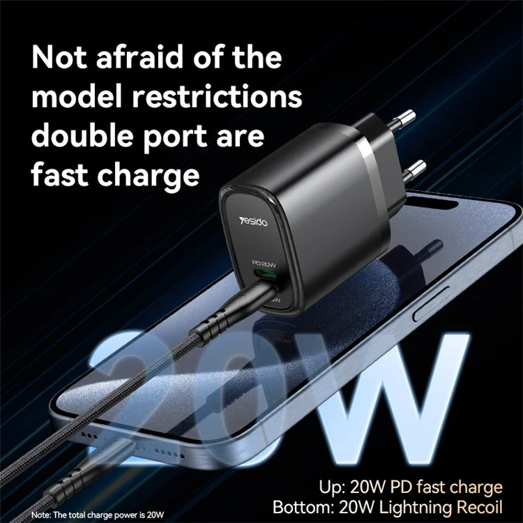 YESIDO YC44 PD 20W Fast Charging USB+8-Pin Adapter EU Plug Travel Charger con Cavo da 1m - Bianco