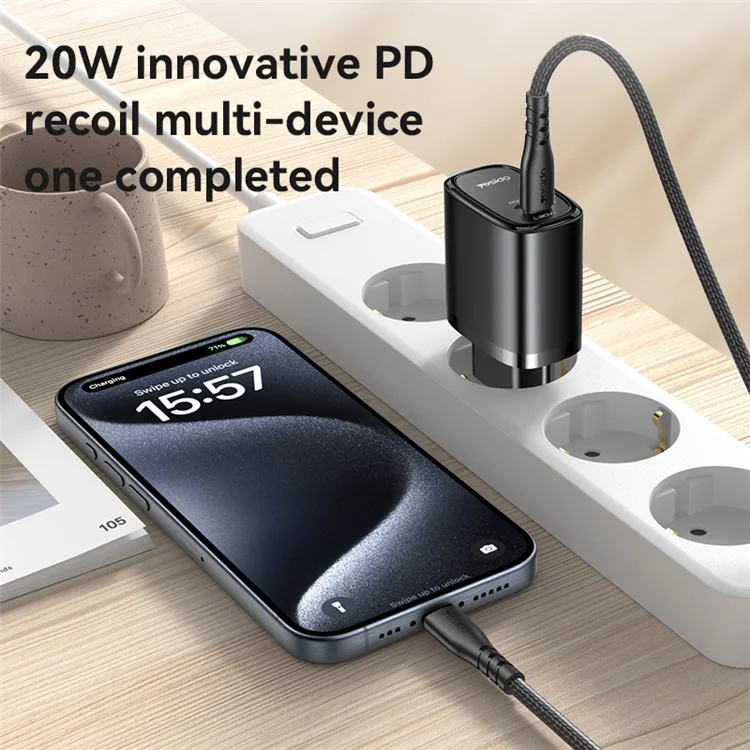 YESIDO YC44 PD 20W Fast Charging USB+8-Pin Adapter EU Plug Travel Charger con Cavo da 1m - Bianco
