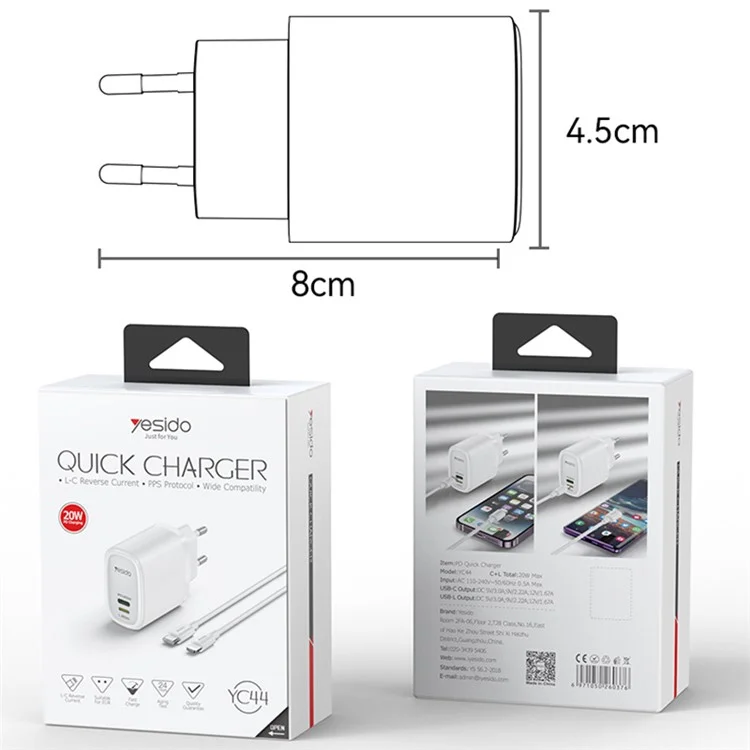 YESIDO YC44 PD 20W Fast Charging USB+8-Pin Adapter EU Plug Travel Charger con Cavo da 1m - Bianco