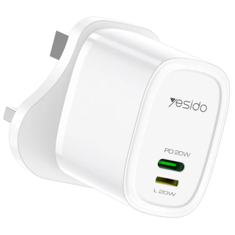 YESIDO YC43 Chargeur mural 20W Type-C + Adaptateur de charge de téléphone à 8 broches avec câble, prise UK - Blanc