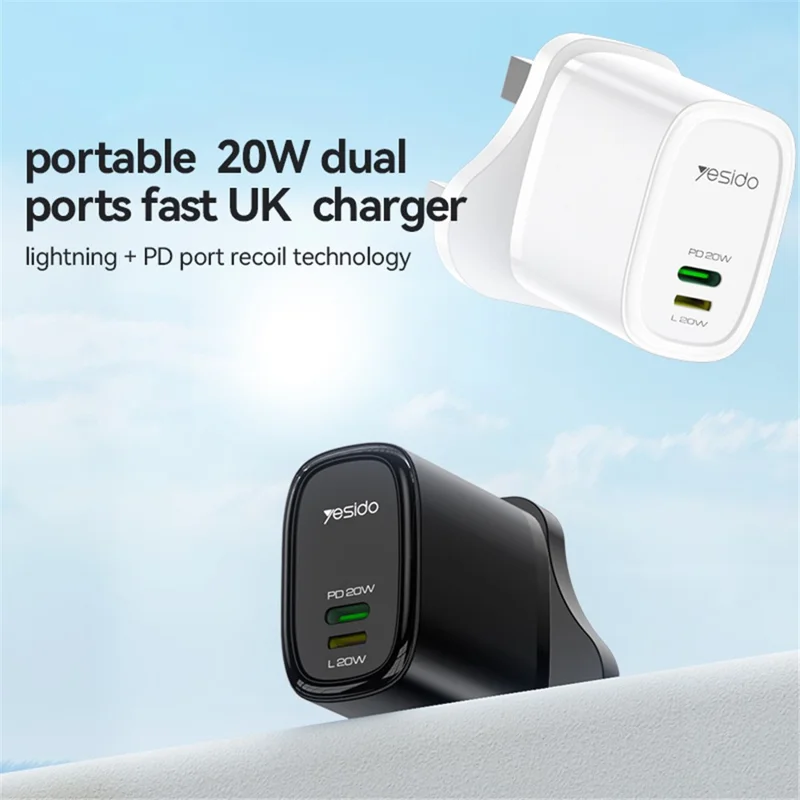 YESIDO YC43 Chargeur mural 20W Type-C + Adaptateur de charge de téléphone à 8 broches avec câble, prise UK - Blanc