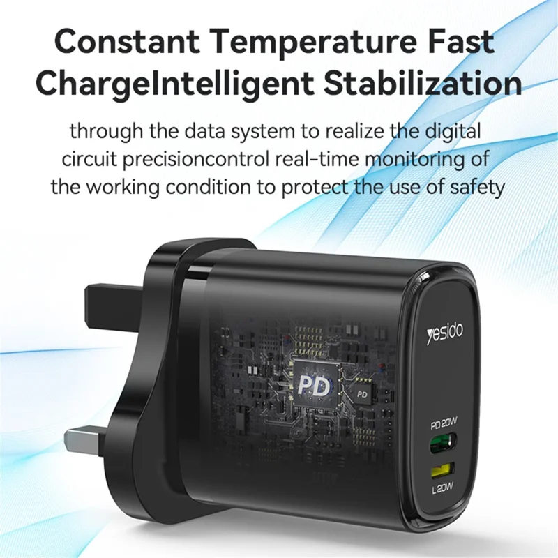YESIDO YC43 Chargeur mural 20W Type-C + Adaptateur de charge de téléphone à 8 broches avec câble, prise UK - Blanc