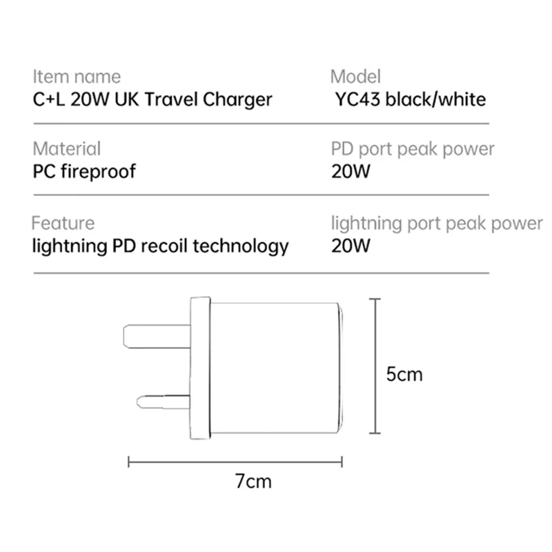 YESIDO YC43 Chargeur mural 20W Type-C + Adaptateur de charge de téléphone à 8 broches avec câble, prise UK - Blanc