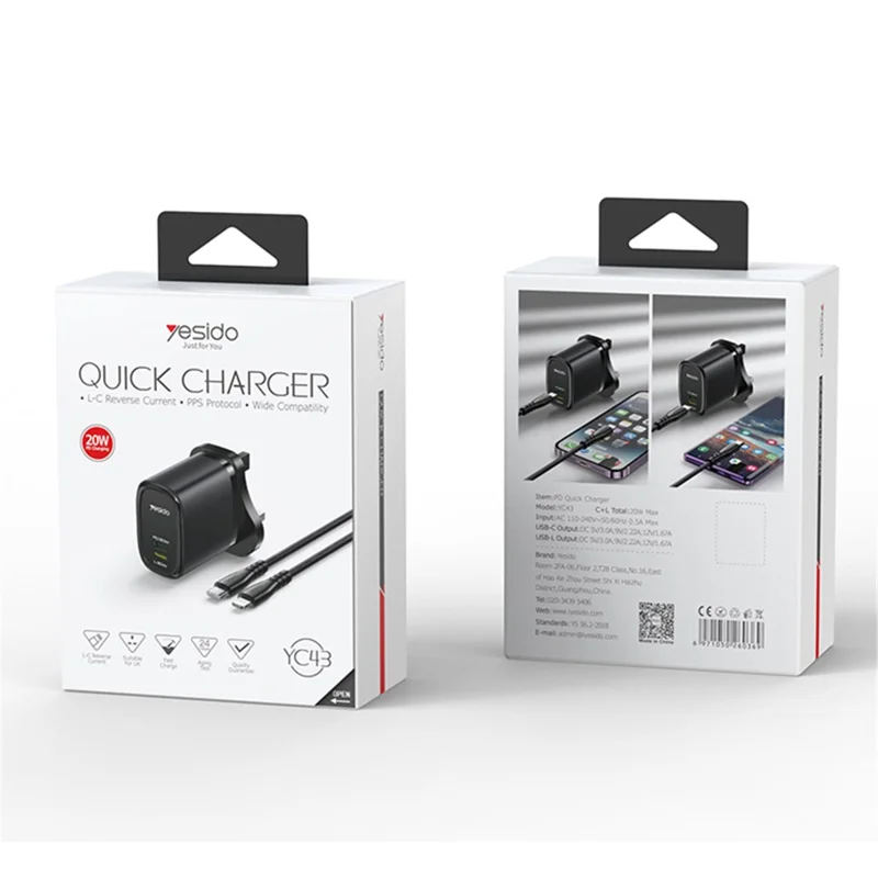 YESIDO YC43 Chargeur mural 20W Type-C + Adaptateur de charge de téléphone à 8 broches avec câble, prise UK - Blanc