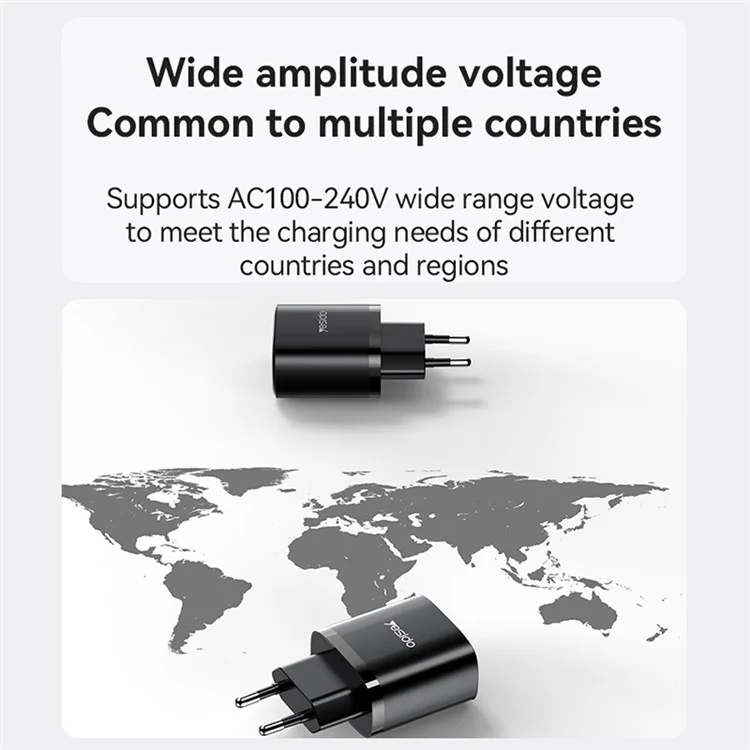 YESIDO YC56 20W EU Plug Wall Charger Adapter with Type-C Cable - Black