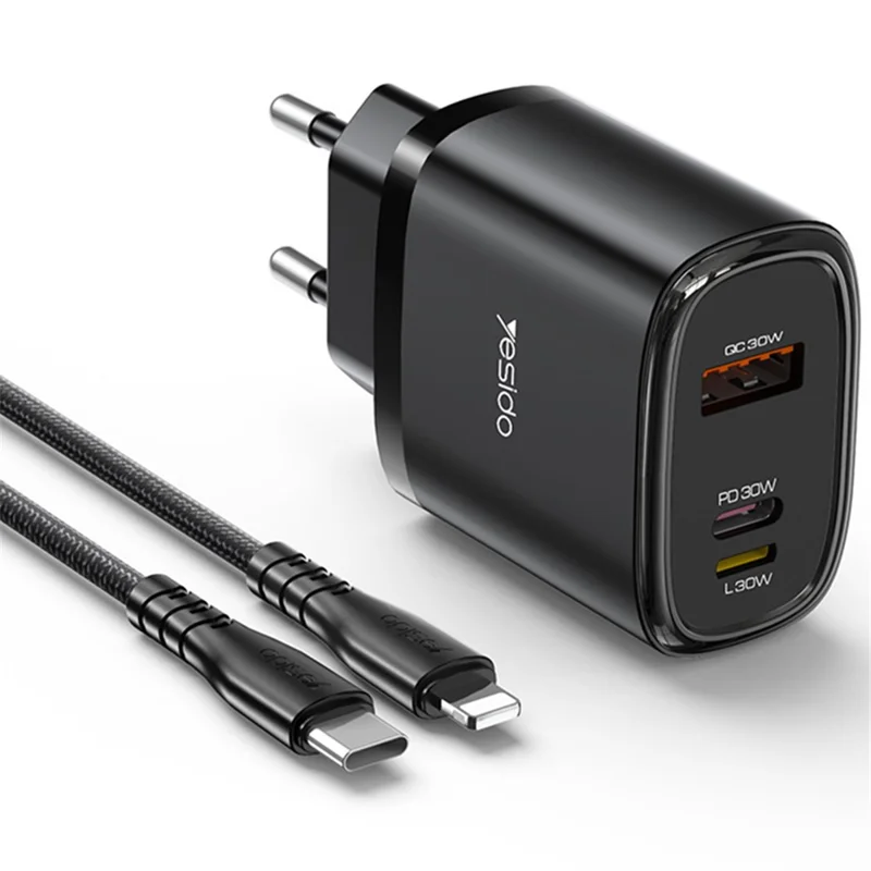 YESIDO YC52 30W EU Plug 3-Port Fast Charging Adapter Wall Charger with Type-C to iP Cable - Black