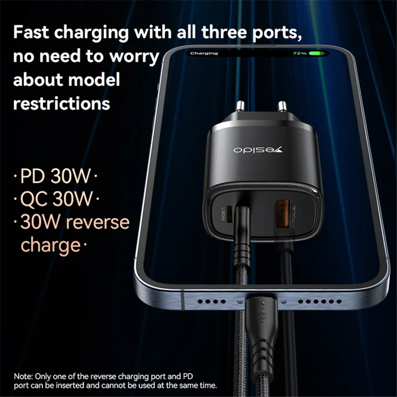 YESIDO YC52 30W EU Plug 3-Port Fast Charging Adapter Wall Charger with Type-C to iP Cable - Black