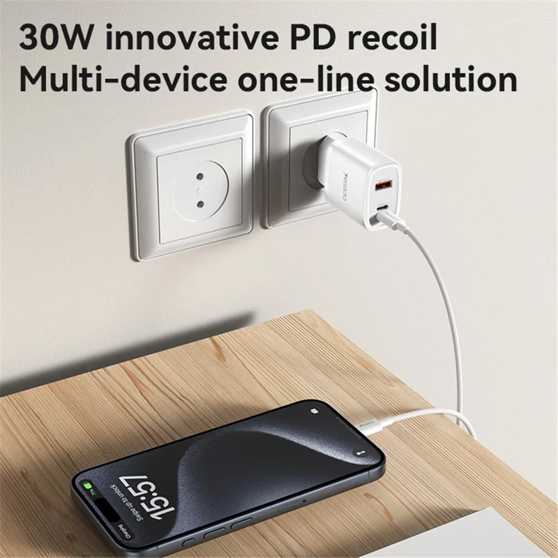 YESIDO YC52 30W EU Plug 3-Port Fast Charging Adapter Wall Charger with Type-C to iP Cable - Black