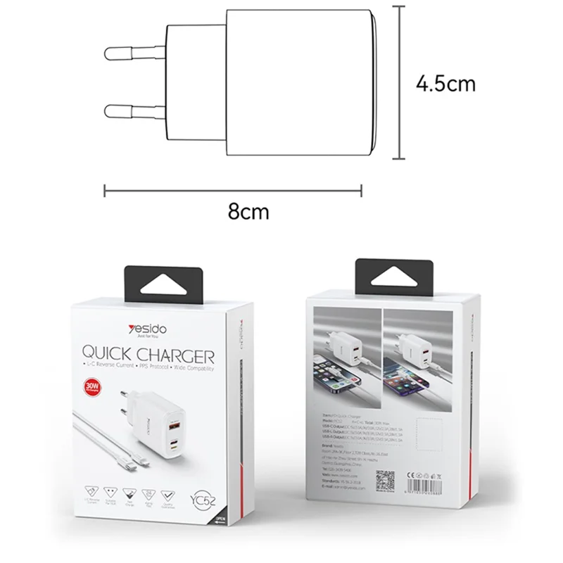 YESIDO YC52 30W EU Plug 3-Port Fast Charging Adapter Wall Charger with Type-C to iP Cable - Black