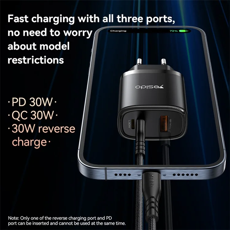 YESIDO YC52 30W EU Plug 3-Port Fast Charging Adapter Wall Charger with Type-C to 8-Pin Cable - White