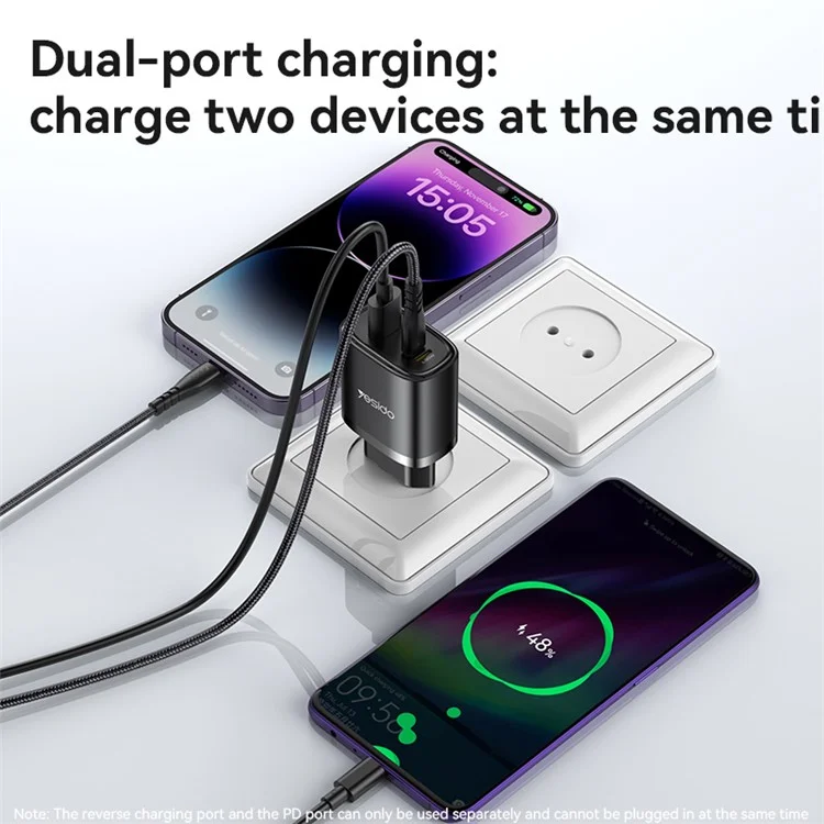 YESIDO YC52 30W EU Plug 3-Port Fast Charging Adapter Wall Charger with Type-C to 8-Pin Cable - White