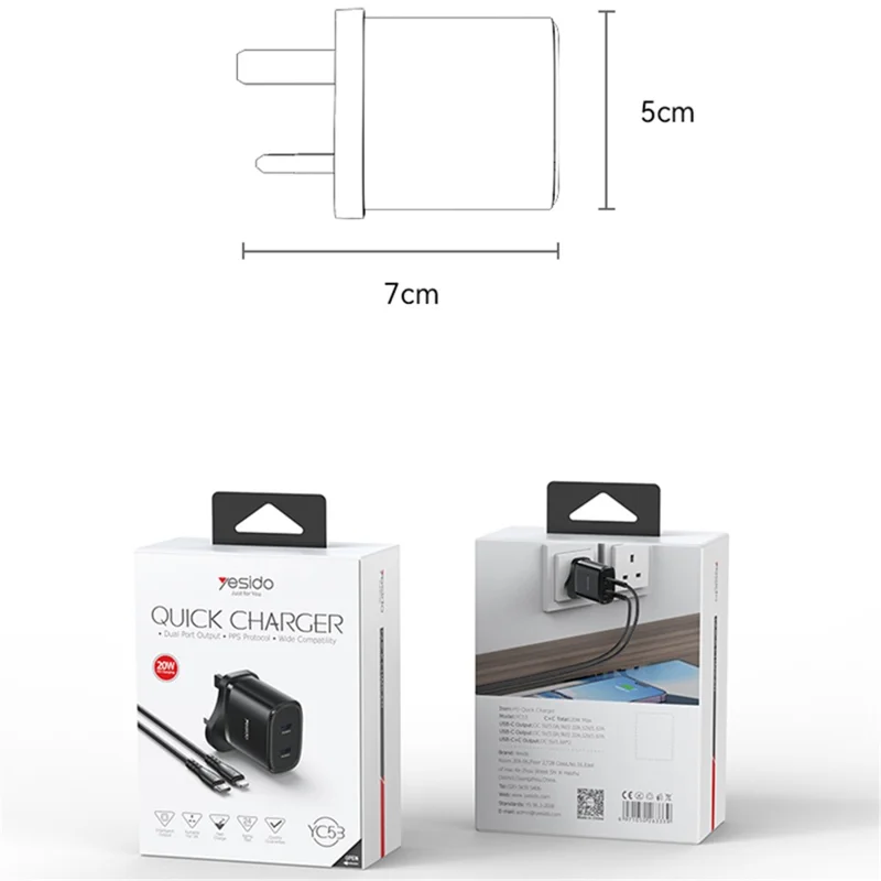 YESIDO YC53 20W UK Plug Charging Adapter Wall Charger with Type-C to iP Cable - Black