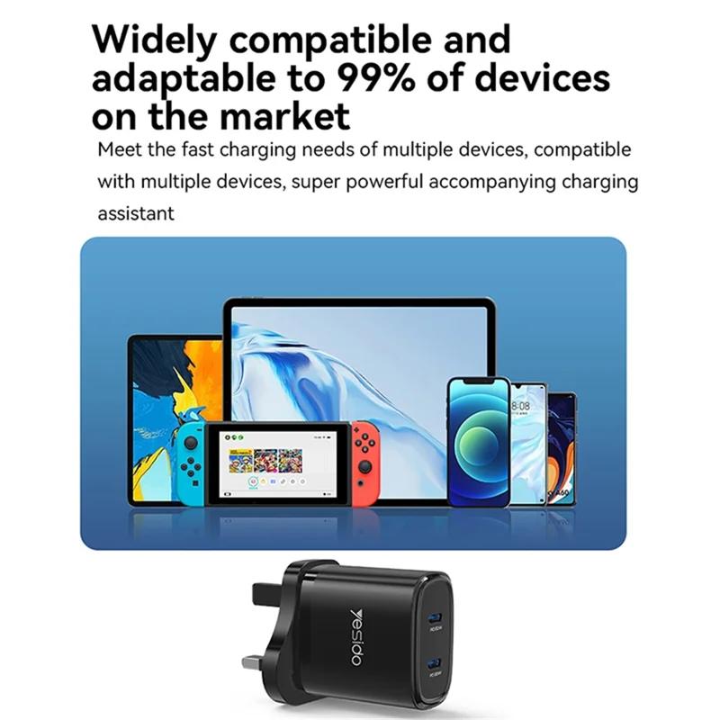 YESIDO YC53 20W UK Plug Charging Adapter Wall Charger with Type-C to iP Cable - Black