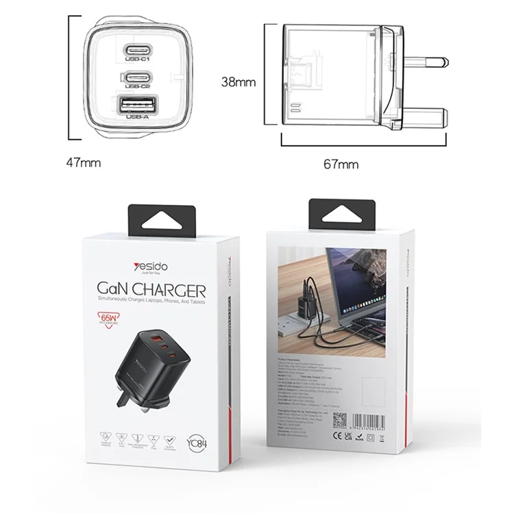 YESIDO YC84 USB + 2 Type-C 65W Fast Charging Travel GaN Power Adapter, UK Plug