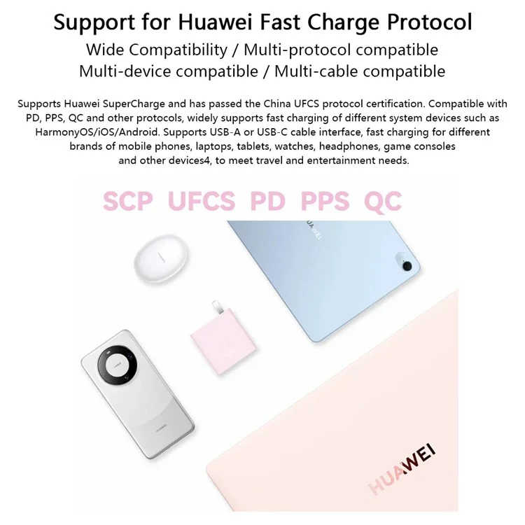 HUAWEI HW-200500C02 Adattatore da 100W ad alta potenza con USB-A + Tipo-C Spina a parete CN con cavo - Rosa