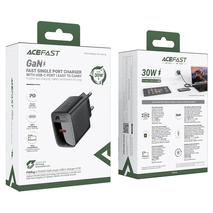 ACEFAST A102 GaN Power Adapter PD 30W Single Type-C Phone Wall Charger, EU Plug